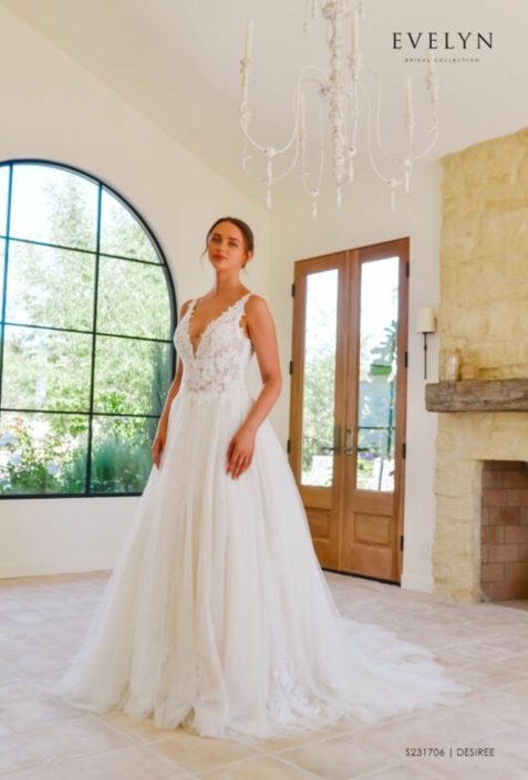 Robe de mariée «Désirée» de chez Evelyne Bridal. Cette robe de mariée est en dentelle sur le buste et en tulle avec chute de broderie sur la jupe. Disponible en Ivoire et en nude. Cette robe de mariée est disponible dans votre boutique Rêve d'un Jour à Yvetot